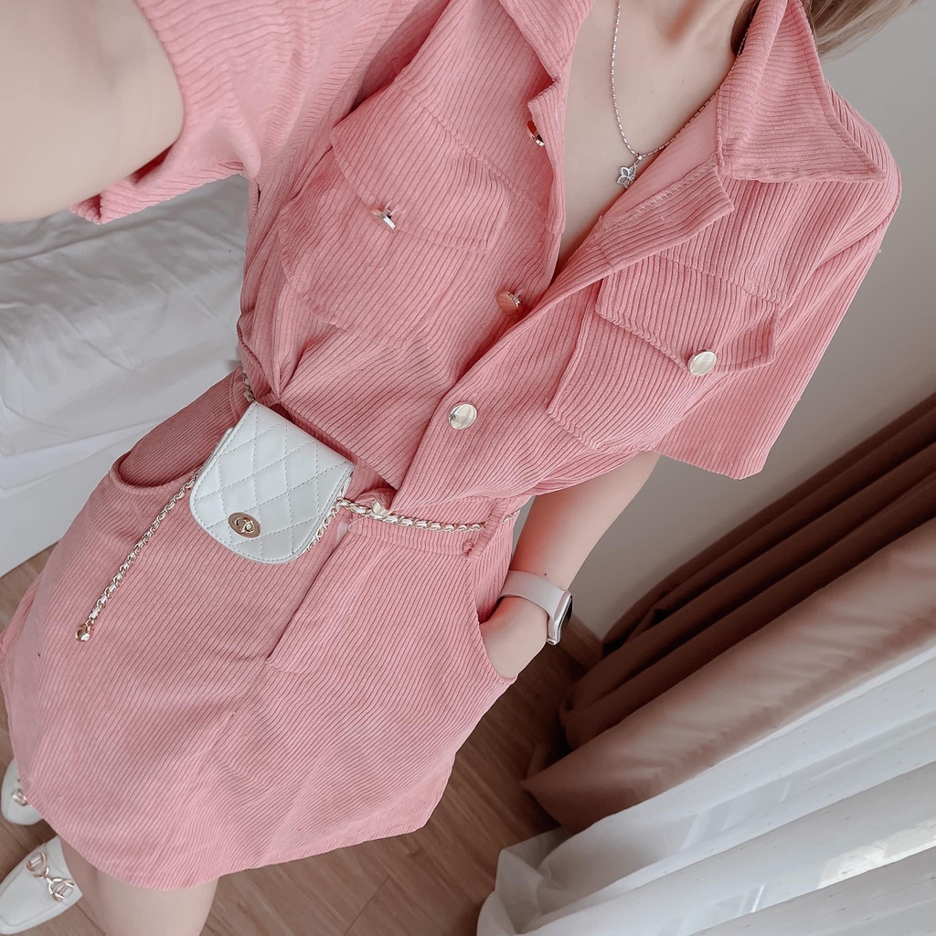 Đầm váy nữ sơ mi tăm nhung đính nút siêu xinh, cute dành cho các nàng thơ đi chơi, dự tiệc