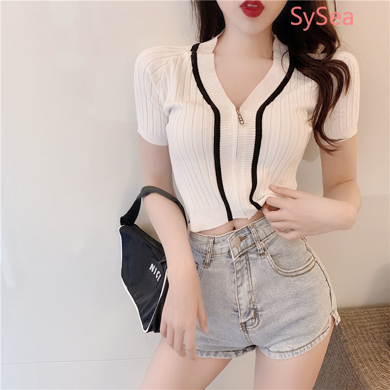 Áo tay ngắn cổ chữ V phối khóa kéo thời trang mùa hè dành cho phái nữ