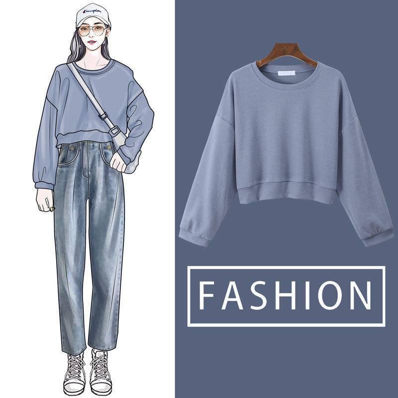 Women Sweatshirt Korean Version Solid Color Plus Size Sweatshirt Temperament Round Neck Long Sleeve Fashion Loose Top