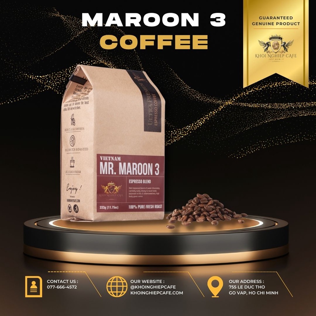 Cà phê Mr. Maroon 3 nguyên chất 100%, chuyên pha máy, làm từ cafe Daklak, Đà Lạt