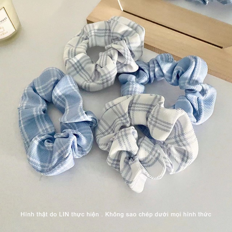 Scrunchies Cột Tóc Vải Caro Màu Xanh LIN Phong Cách Hàn Quốc