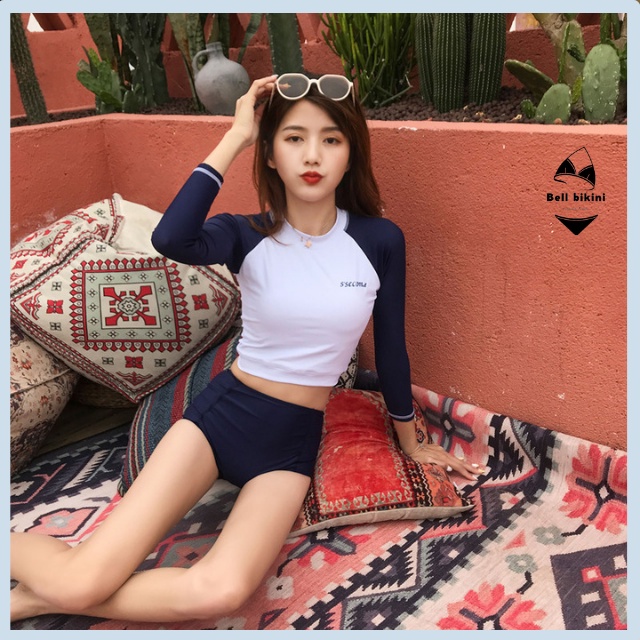 Bikini Đi Biển 2 Mảnh - Đồ Bơi Nữ Croptop Tay Dài Kín Đáo Quần Đùi Chất Thun Lạnh Co Giãn Thời Trang Cao Cấp - BB -B007