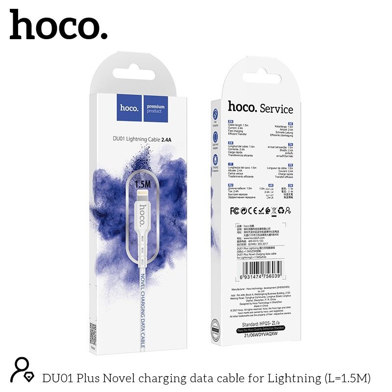 Cáp sạc nhanh Hoco DU01 cổng Lightning dài 1.5m 5V-2.4A - Chính hãng