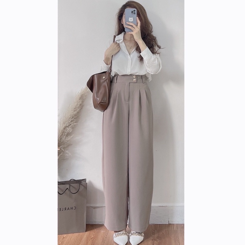 Quần tây 2 cúc cạp cao ống rộng cài khuy lệch