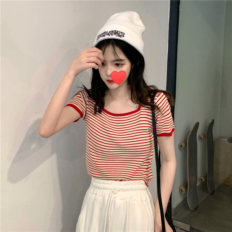 Áo Thun Dệt Kim Ngắn Tay Cổ Vuông Kẻ Sọc Cá Tính Thời Trang