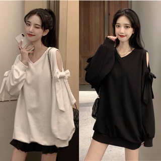 SUA004 Áo sweater thun cổ V đen trắng tay bồng khoét vai nơ babydoll cute thu đông thời trang nữ tính bánh bèo tiểu thư