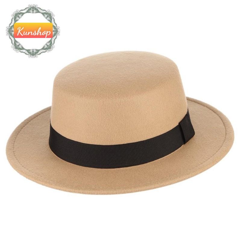 Mũ nón dạ fedora vành phẳng đai đen siêu sang chảnh