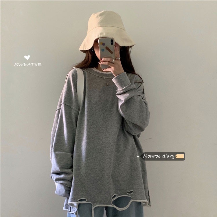 Áo sweater nữ form rộng dài rách vải nỉ quảng châu BST unisex ullzang 2021 Áo sweater nữ bigsize du lịch đi học hàn quốc