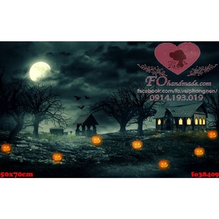phông nền 3d Nền vải Halloween, khu rừng ma quái với cây chết, bí ngô và bàn gỗ