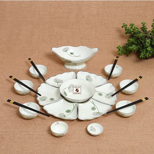 Bộ Bát đĩa hoa mặt trời hoa văn cổ Bát tràng kèm đĩa đựng xôi gà cực (Hàng trực tiếp sản xuất giá không qua trung gian)