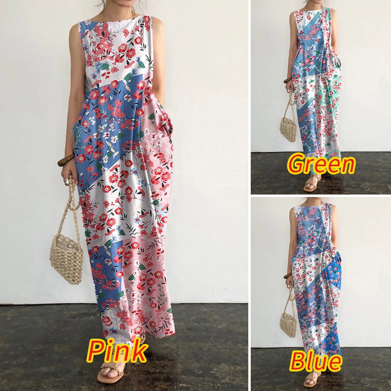 Đầm dài ZANZEA không tay cổ tròn in họa tiết hoa retro cho nữ