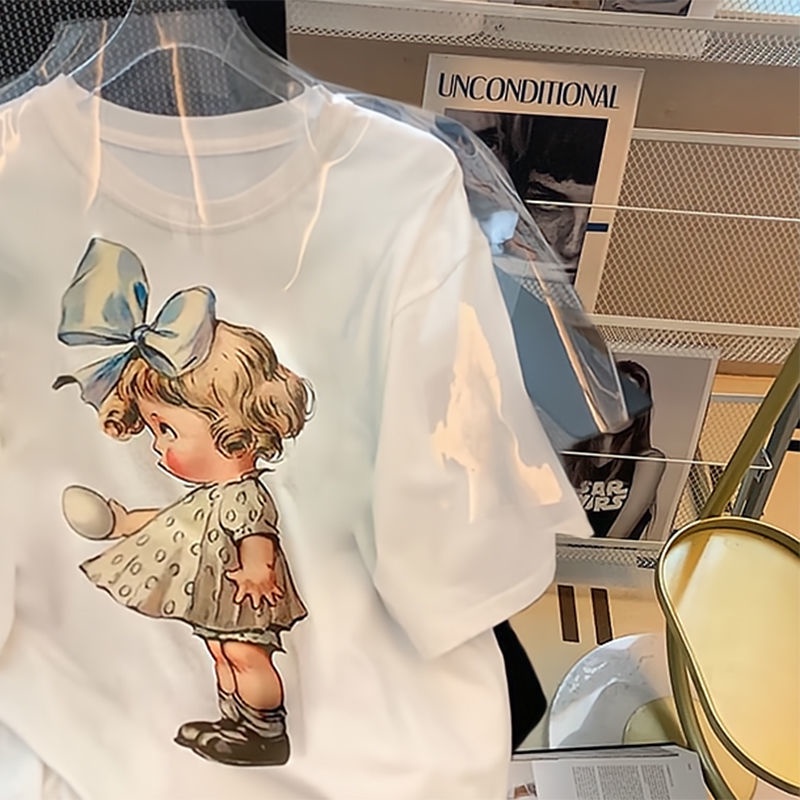 Áo Thun Cotton Ngắn Tay Dáng Rộng Thời Trang Retro Đơn Giản Cá Tính Cho Nữ