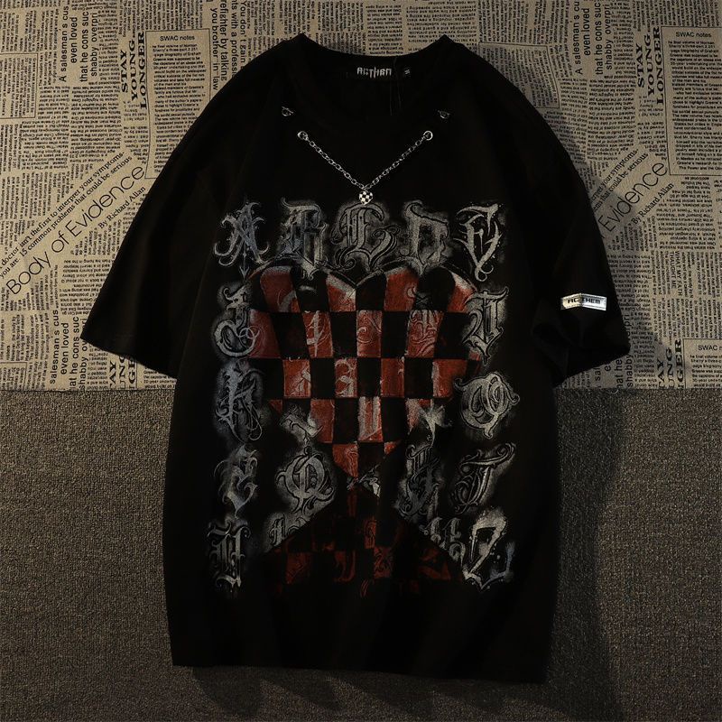 Áo Thun Nam Tay Ngắn In Hình Bàn Cờ Mỹ Phong Cách Retro Đường Phố Phương Tây Niche