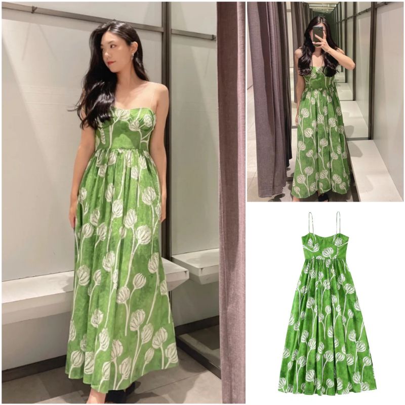 ĐẦM DÂY XANH LÁ HỌA TIẾT TRẮNG HÀNG XUẤT DƯ
