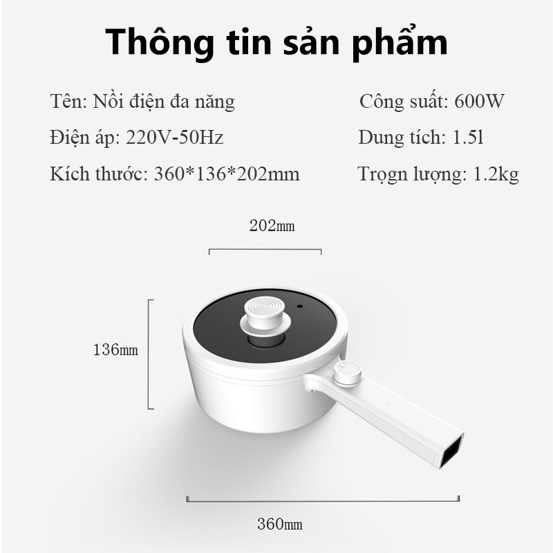 Nồi Nấu Mì Nồi Điện Mini Nồi Lẩu Điện Chảo Chống Dính Đa Năng Dung Tích 1.5L Công Suất 600W 2 Chế Độ vt124