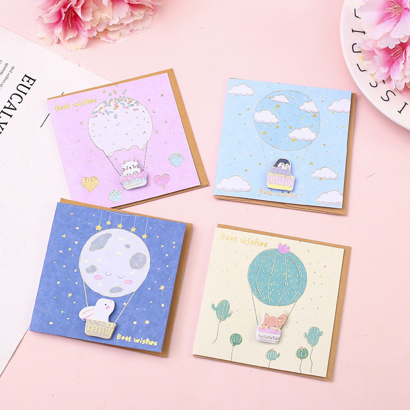 Thiệp giấy vuông thú khinh khí cầu