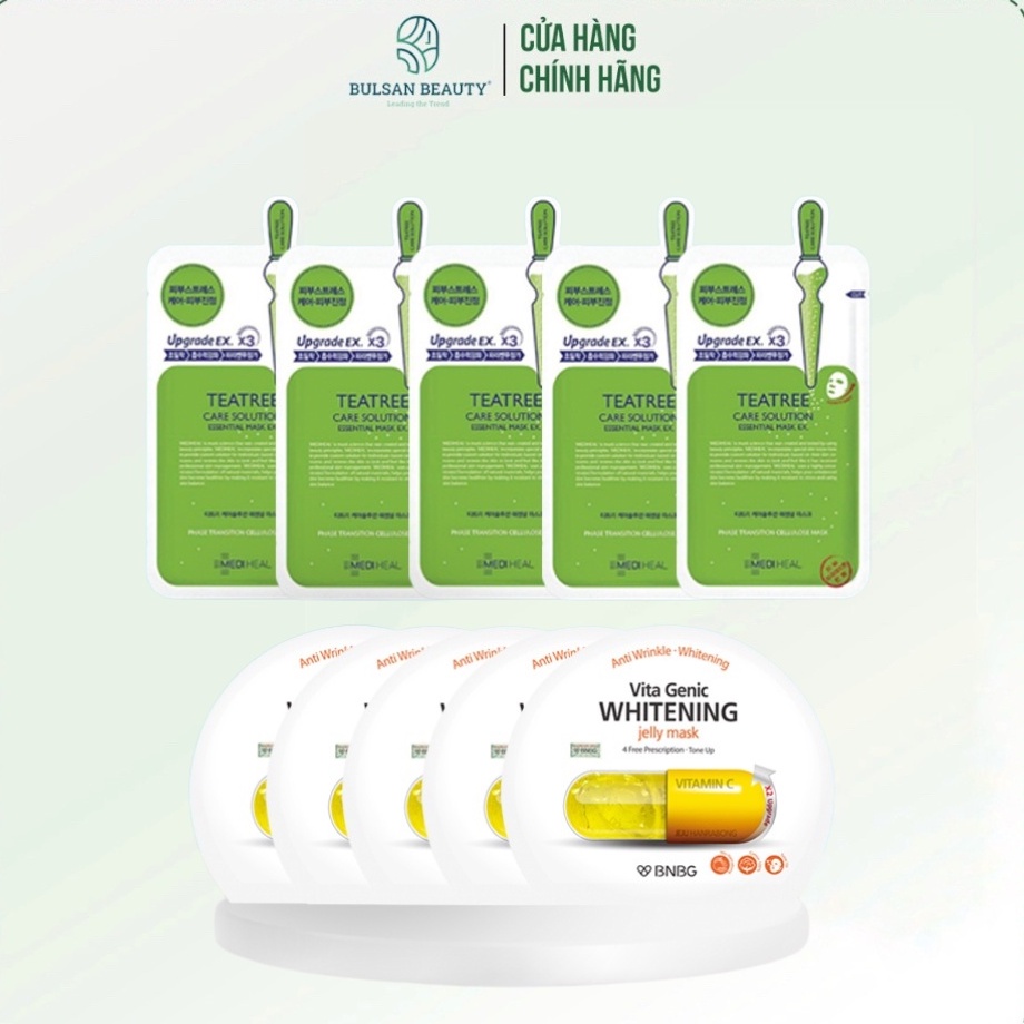 Combo Mặt Nạ Dưỡng Da Trắng Sáng, Làm Mờ Thâm BNBG (5 BNBG Whitening, 5 Mediheal Tea Tree) 30mlx10