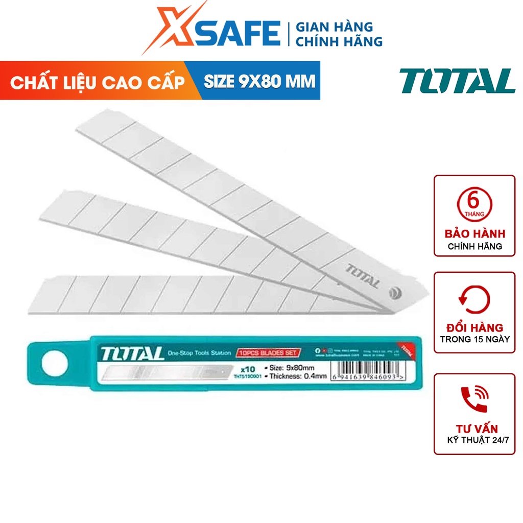 Bộ 10 lưỡi dao TOTAL THT5190901, kích thước lưỡi dao 80X9mm, phù hợp với dao rọc giấy THT5110906 / THT5110916[XSAFE]