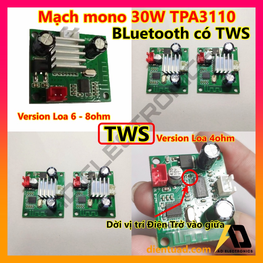 Mạch BT-TWS Chip TPA 3110 30W Mono 12VDC/ 4 ohm - 6ohm - 8ohm, TWS kết nối 2 board thành Stereo