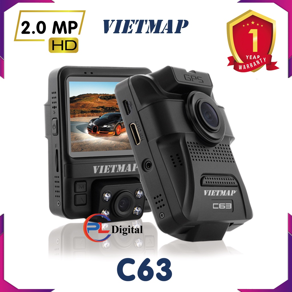 VIETMAP C63 - Camera Hành Trình Ghi Hình Trước & Trong Xe - Cảnh Báo Thông Tin Giao Thông - Tặng Thẻ Nhớ 32GB