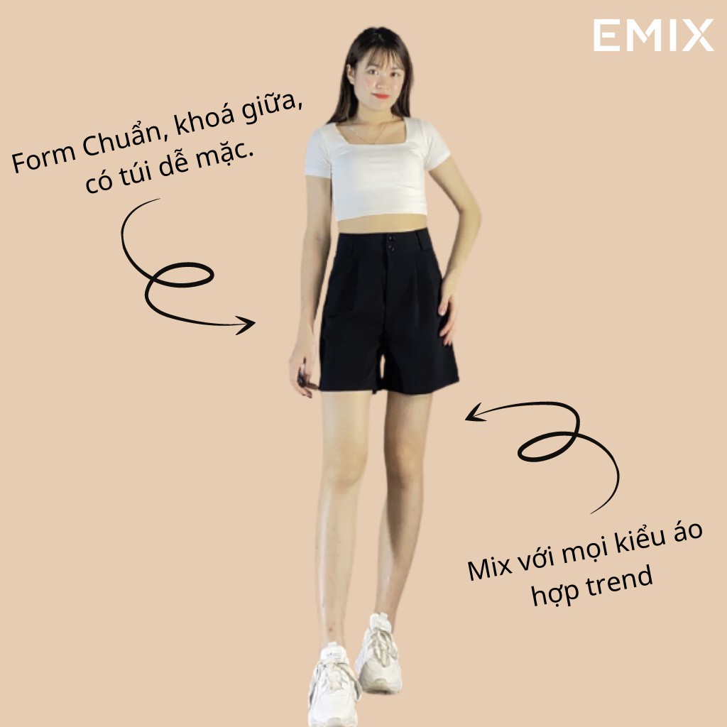 Quần short nữ cạp cao 2 cúc EMIX (màu đen), dáng ngắn, cạp cao, khóa giữa, vải tuyết mưa mềm mịn, không bai xù 2088