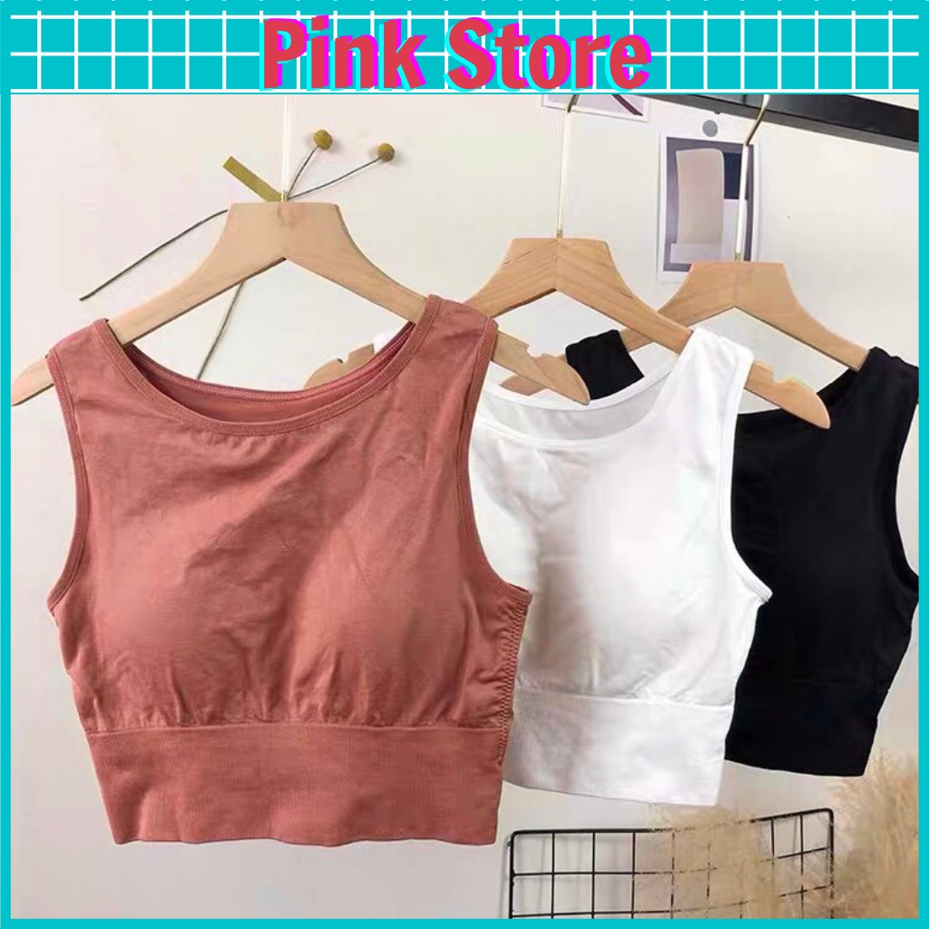 Áo Bra Nữ Thể Thao Tập Gym Croptop Ba Lỗ Cổ Tròn Có Đệm Mỏng Co Giãn PINK STORE