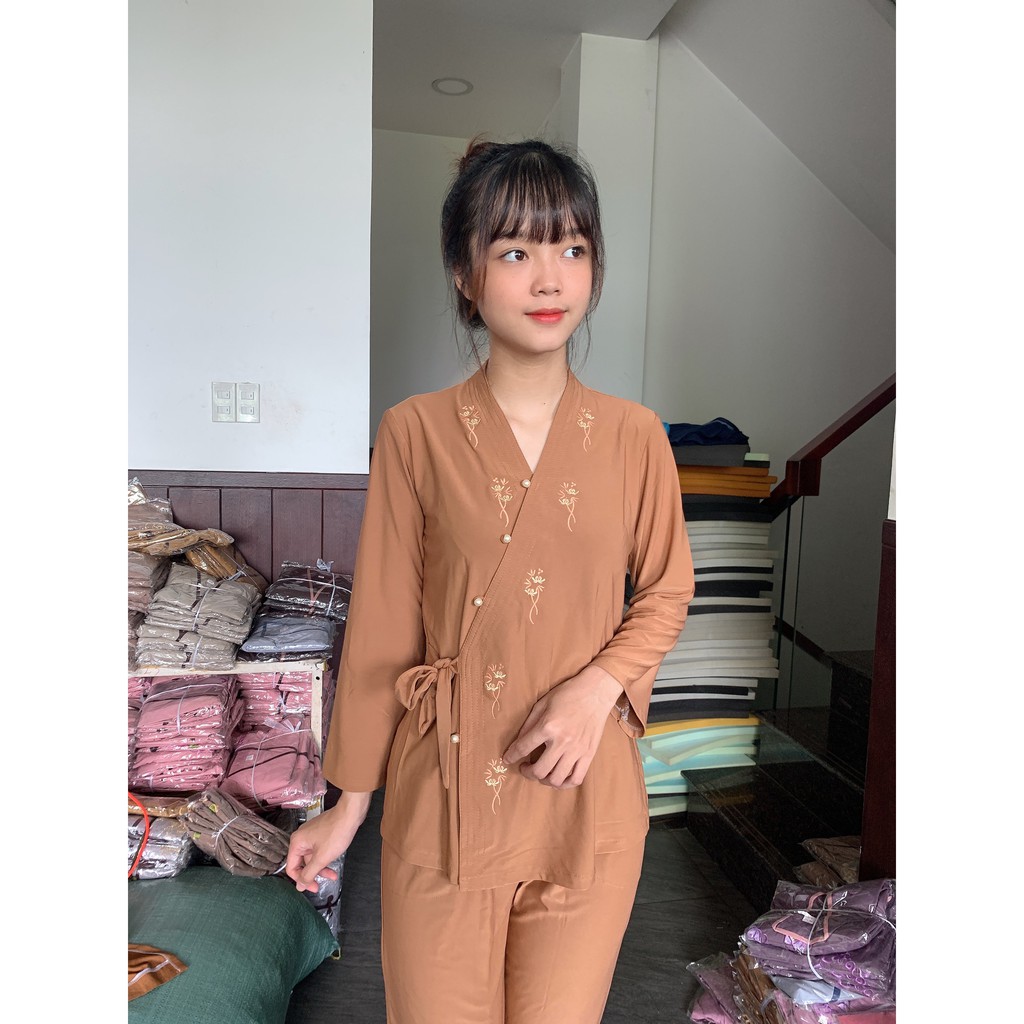 Áo lam đi chùa - cột nơ thun thêu viền