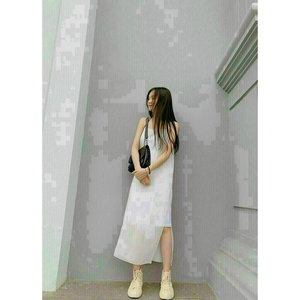 [9.9  Sales Freeship] Đầm voan basic trơn màu 2 dây xẻ tà, đầm maxi cổ vuông dáng dài qua gối đơn giản xinh xắn