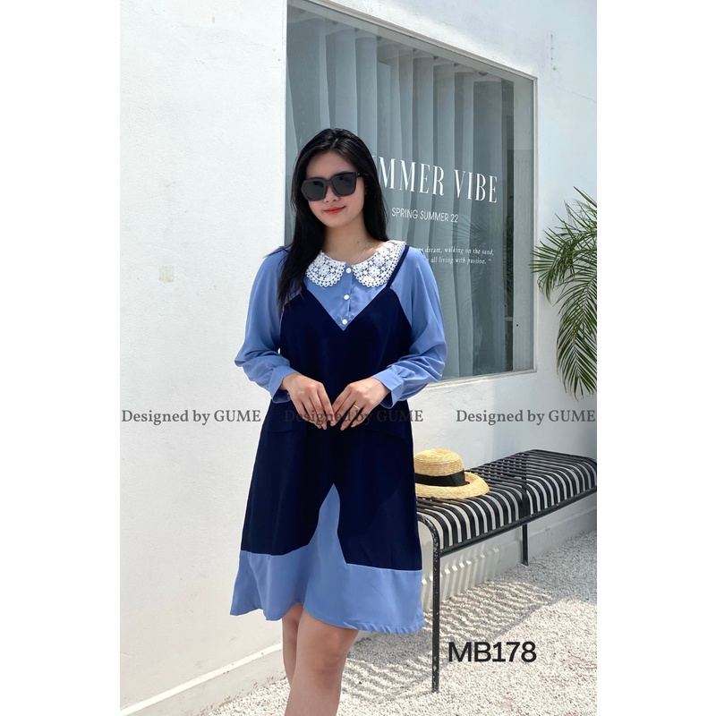 Váy Bầu Thu Đông - Đầm Bầu GUME GIẢ YẾM XANH THAN PHỐI CỔ TRẮNG REN chất vải sạn lụa mềm MB178_ảnh thật