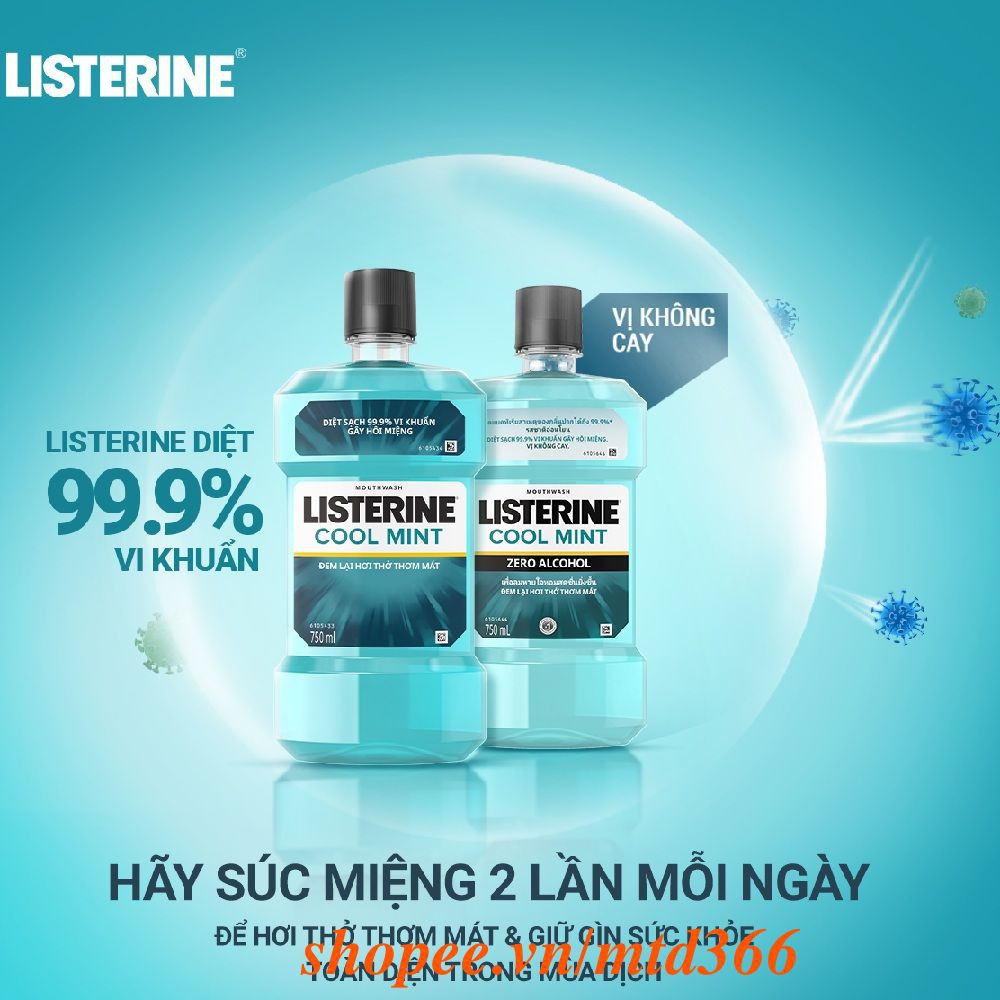 Nước Súc Miệng 250Ml Listerine Cool Mint Zero Alcohol,Chính Hãng.