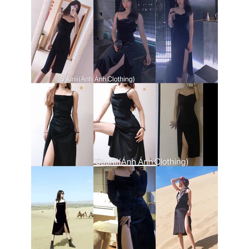 SẴN🖤Đầm dự tiệc hai dây nhung ôm body trơn basic sang chảnh|Đầm suông xẻ sexy dây quyến rũ dáng dài cổ đổ | BigBuy360 - bigbuy360.vn