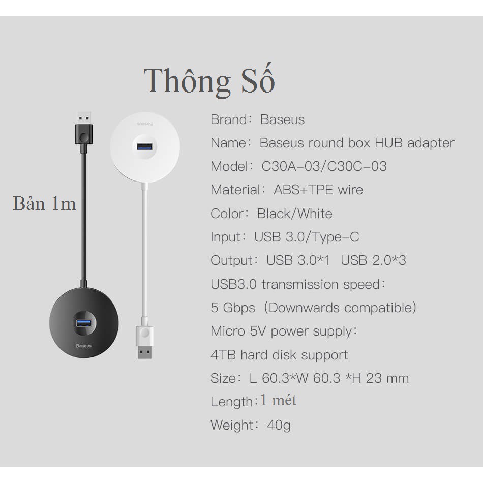 Đầu chia cổng USB Baseus Round Box C30A-03