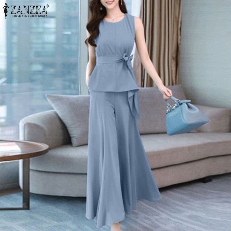 Set áo 2 dây cổ tròn + quần dài ống rộng Zanzea thời trang nữ