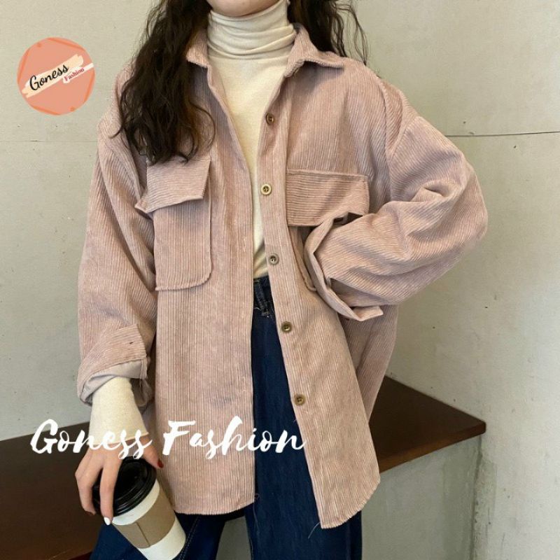 Sơ mi nhung tăm form rộng 2 túi unisex