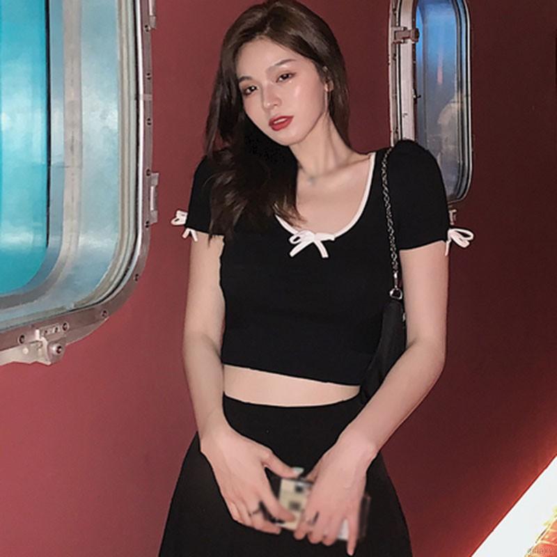 Áo Thun Tay Ngắn Cổ Chữ U Phối Nơ Xinh Xắn Phong Cách Hàn Quốc Dành Cho Bạn Gái