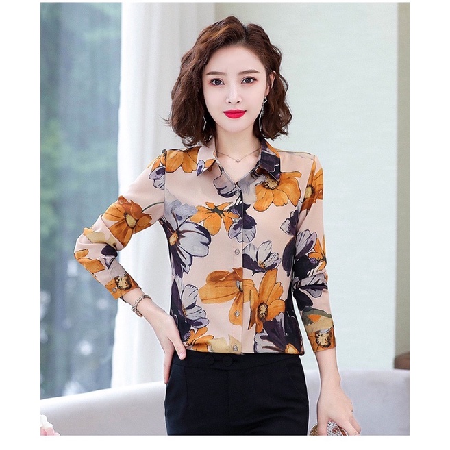 áo sơ mi công sở nữ hoa 3D tay dài size S M L Xl