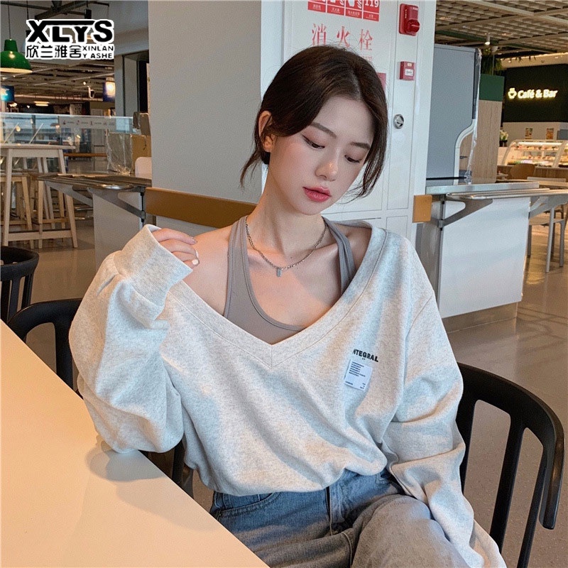 Áo sweater XINLANYASHE dáng rộng giả hai lớp cổ chữ v phối màu thời trang xu hướng Hàn Quốc cho nữ