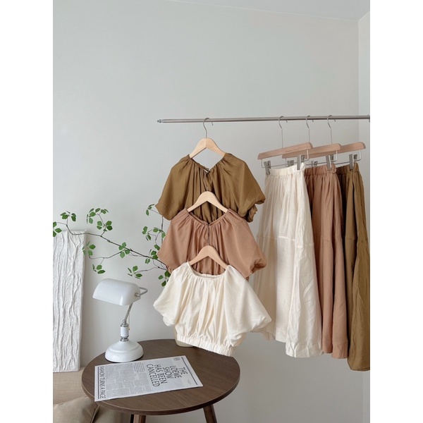 Set áo croptop đũi tay bồng 2 lớp bo chun kèm chân váy dài S352 SUSTORE