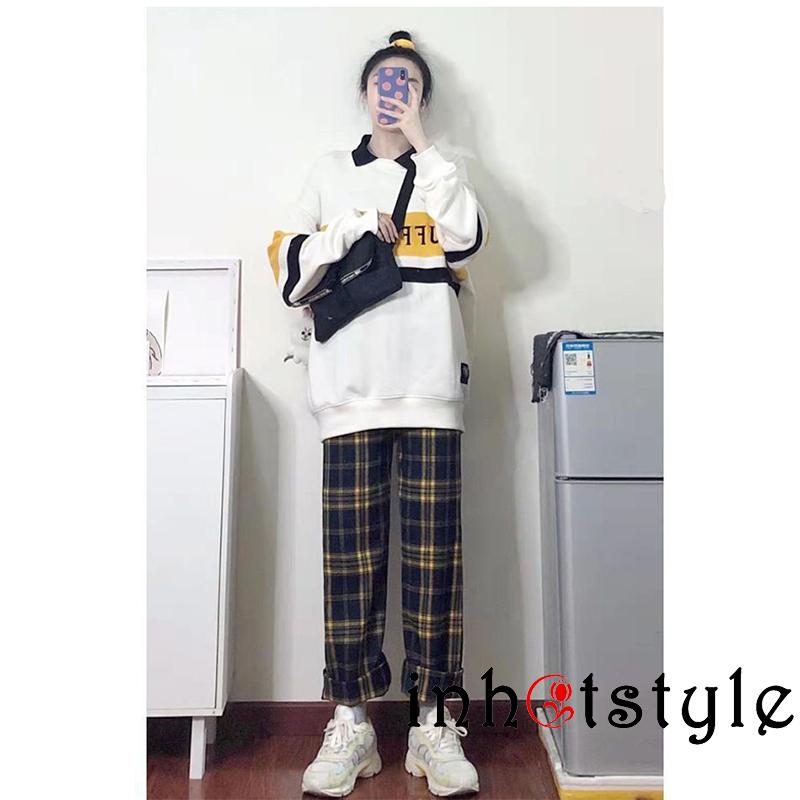 TY-Female Ninth Pants, Plaid High Elastic Waist Trousers Straight-Leg Pants for Spring Fall, S/M/L/XL/XXL/XXXL