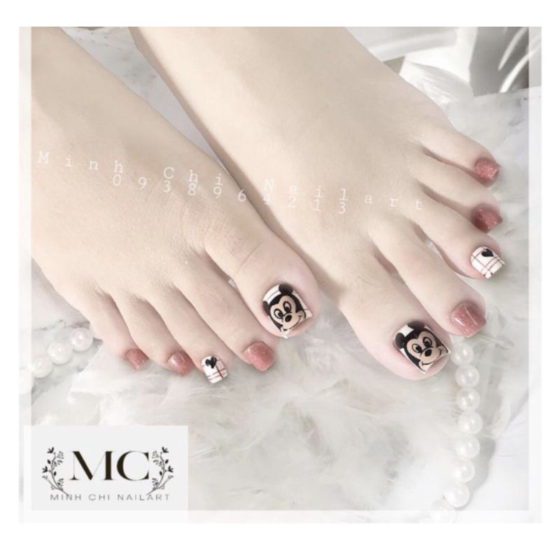 Nailbox/ Bộ 24 móng úp chân sẵn/ Móng chân giả màu trắng hồng nhũ Mickey giá rẻ