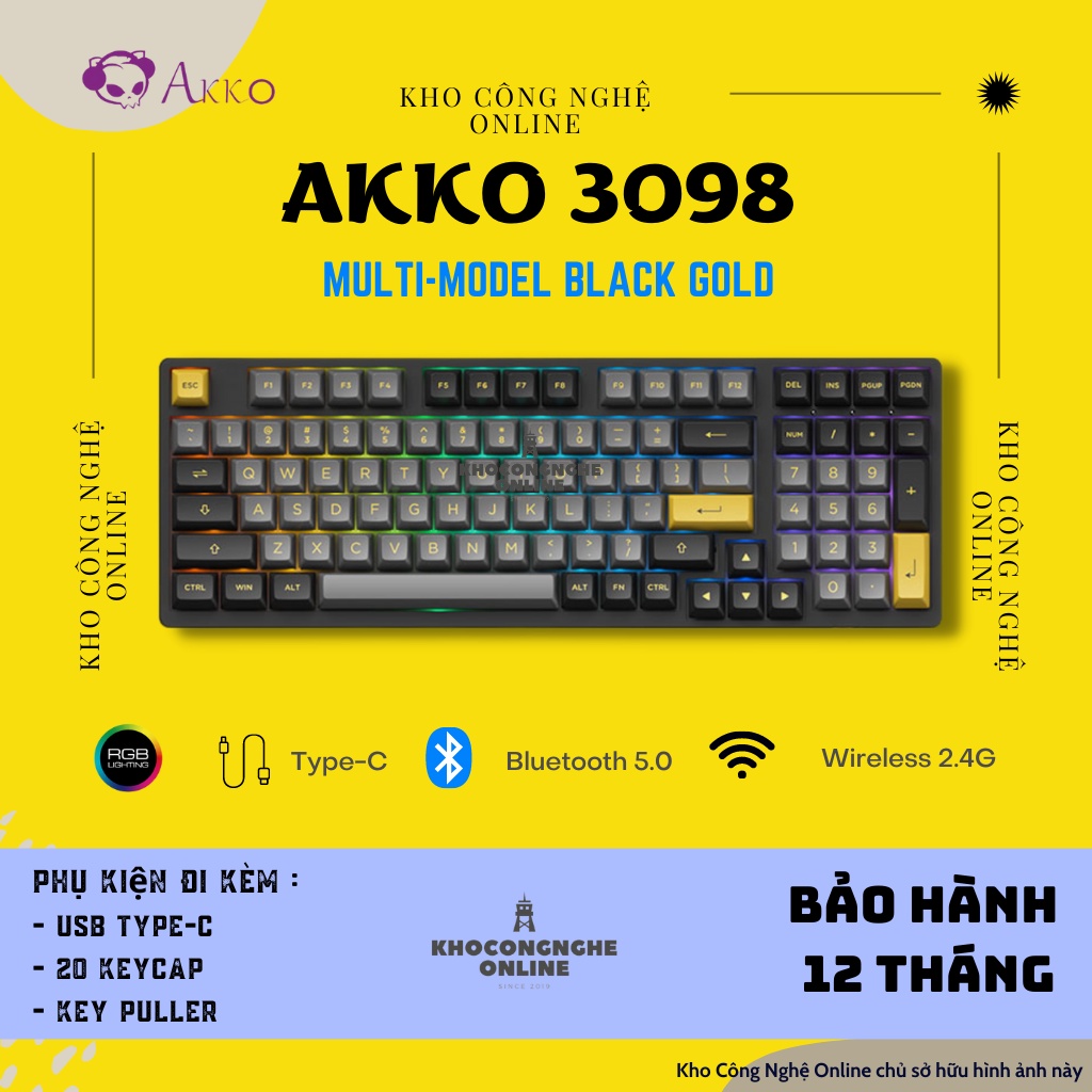 Bàn phím cơ AKKO 3098N Multi-modes Black Gold (Bluetooth / Wireless 2.4G/ Hotswap / Foam tiêu âm / Foam đáy / TTC Switch