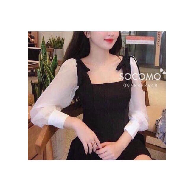 VÁY XÒE ĐEN HÀN QUỐC CỔ VUÔNG TAY BỒNG PHỐI VOAN TƠ