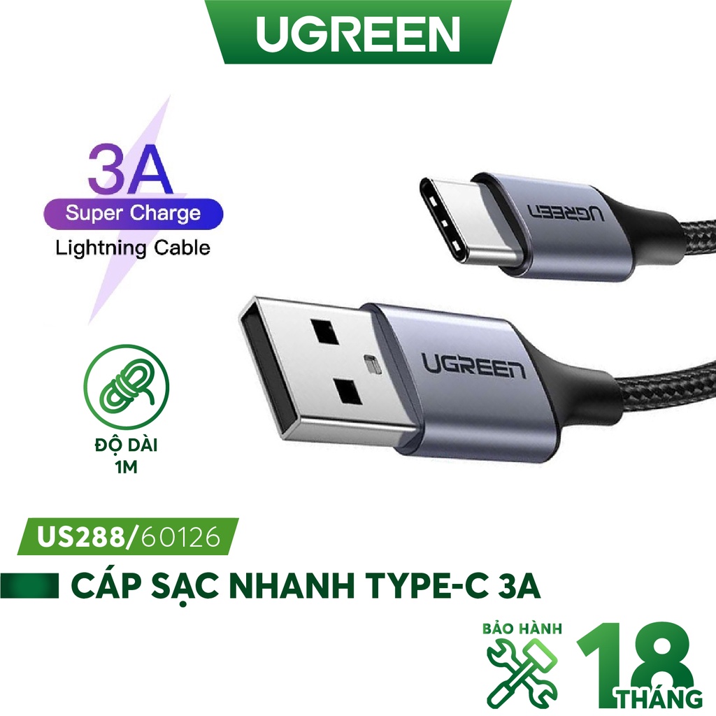Cáp sạc nhanh Type-c 3A đầu nhôm vỏ nylon, độ dài từ 0.25m đến 2m UGREEN US288