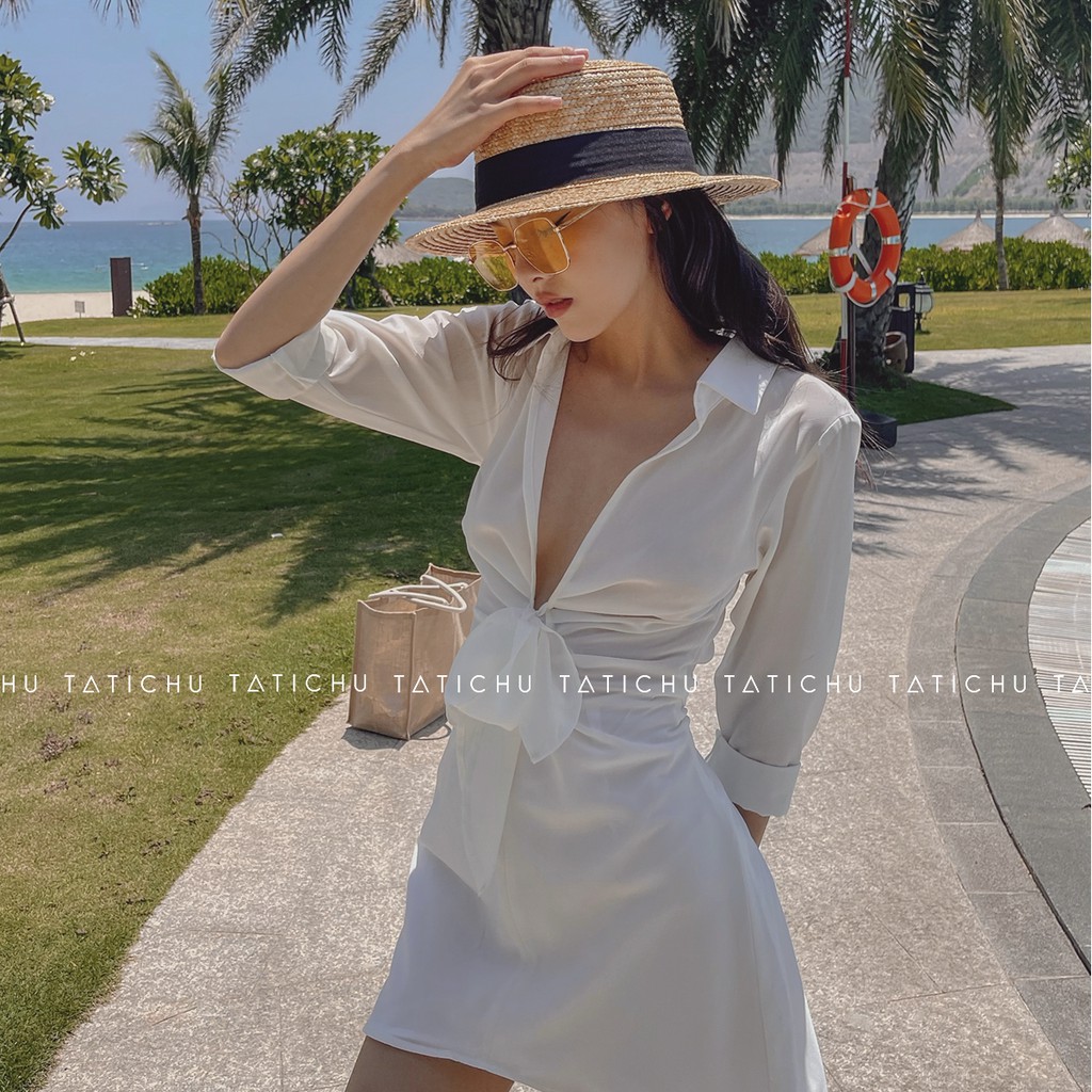 Tropicana Shirt Dress- Đầm sơ mi cổ xẻ V cột nơ, đầm linen đi biển, mùa hè | BigBuy360 - bigbuy360.vn