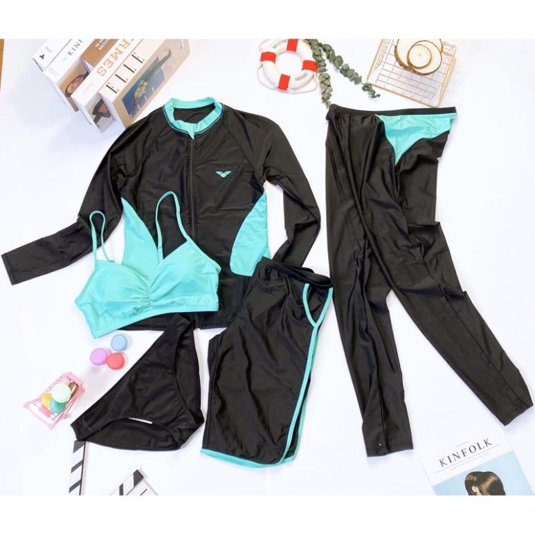 Bộ đồ bơi bikini tay dài đôi nam nữ đen lườn xanh 5 mảnh quần lửng siêu xịn Đẹp