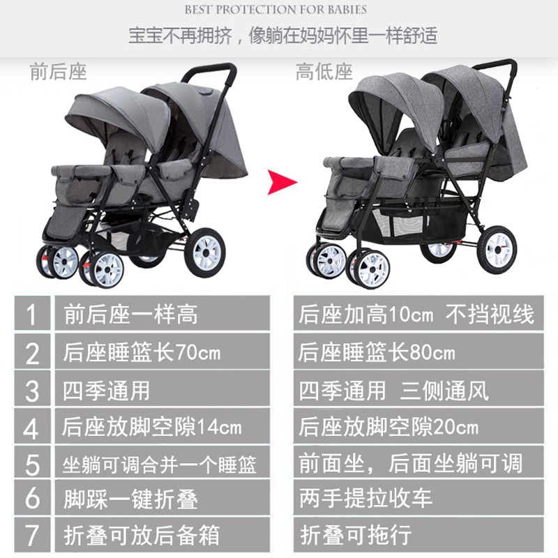 xe đẩy em bé đôi liuncy ghế trước và sau, thứ hai, đôi, có thể gập lại nhẹ <
