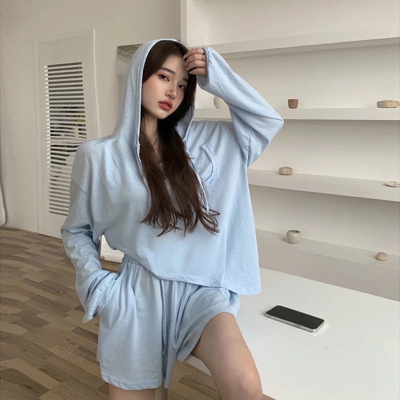Set Áo Hoodie Tay Dài Dáng Rộng + Quần ngắn ống rộng Cho Nữ