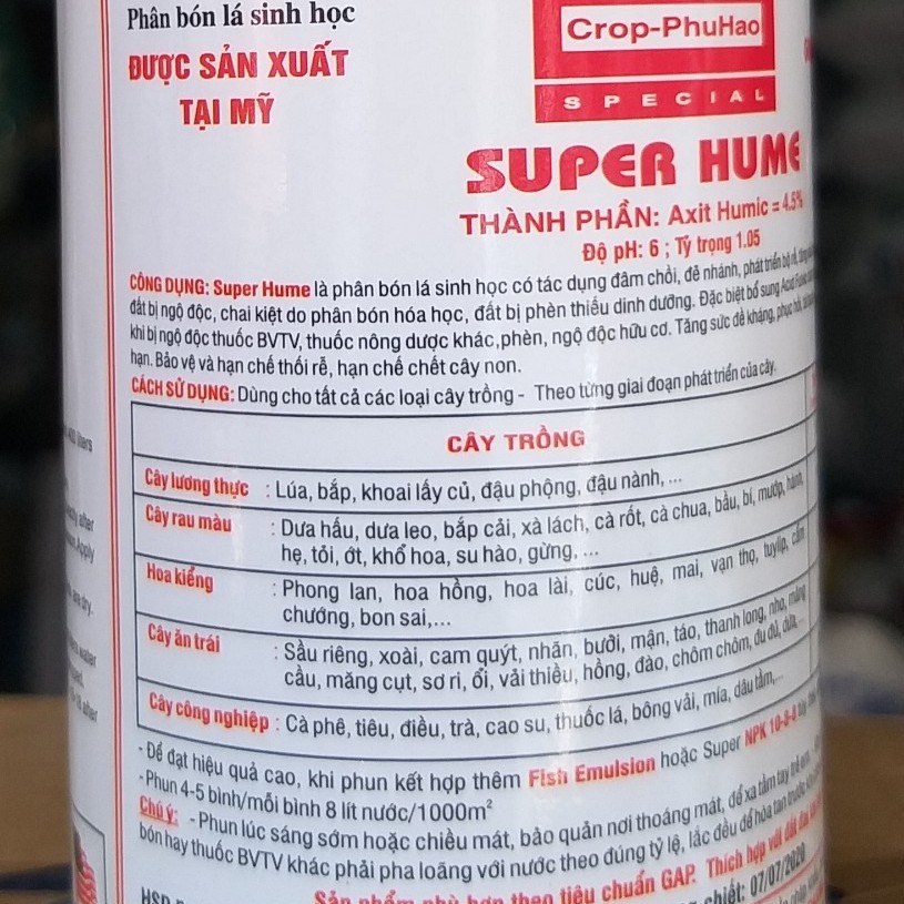 Phân Bón Axit Humic Mỹ SUPER HUME (250ml), Acid Humic Sinh Học - ra rễ mạnh, tăng trưởng nhanh