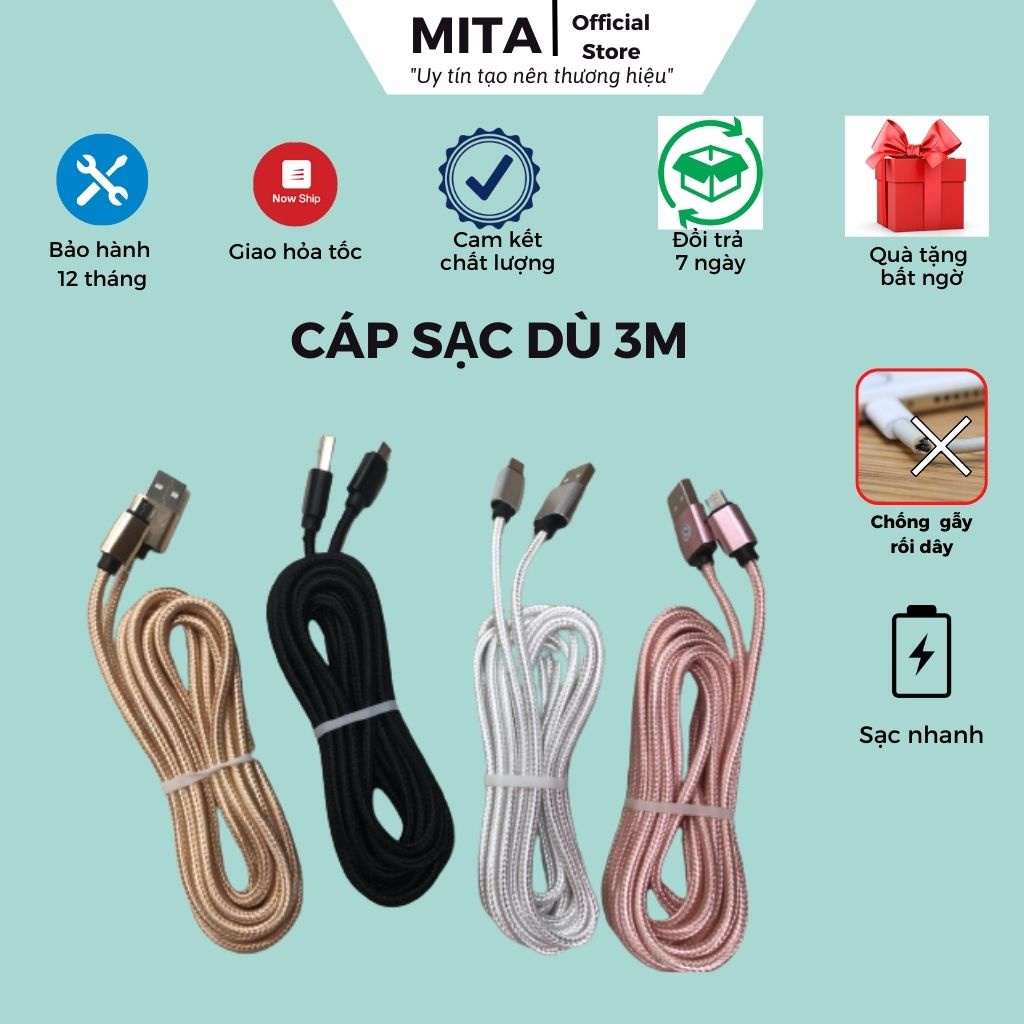 Cáp sạc nhanh bọc dù,dây sạc chống đứt gãy dài 1m,2m,3m chân ip/micro Usb/Type C-Bảo hành 1-1- SHop mita