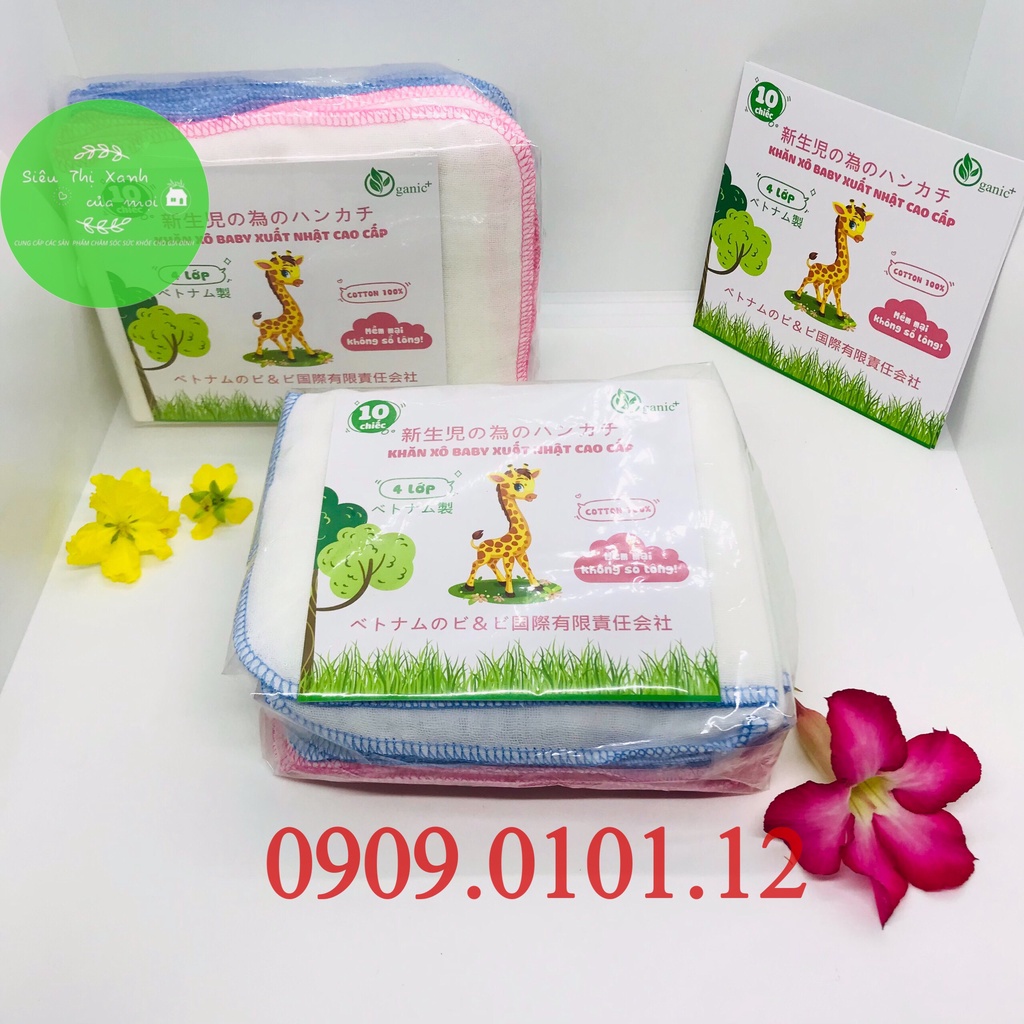 Khăn sữa baby xuất nhật, khăn xô đa năng cao cấp 100% cotton tự nhiên dày 4 lớp mềm mịn không xù lông set 10 cái